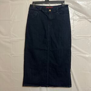 Dark Wash Denim Midi Skirt 29” Waist Back Slit Classic